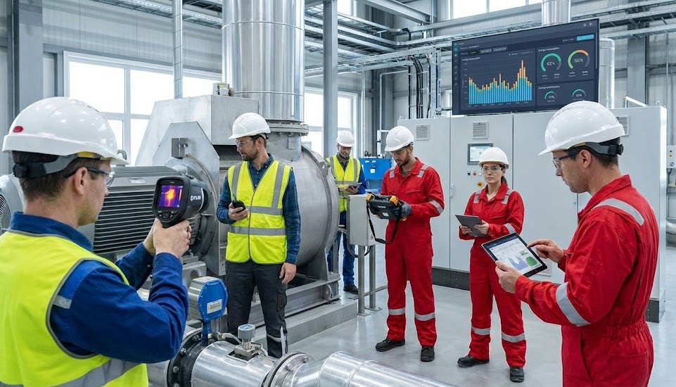 Equipo de expertos realizando auditoría energética en una planta industrial moderna con equipos de medición avanzados y tableros de control