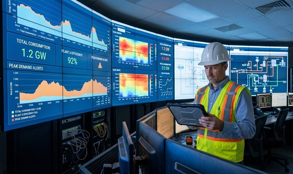 Ingeniero con tablet digital analizando datos de consumo energético en pantallas con gráficos y métricas en tiempo real en una sala de control industrial