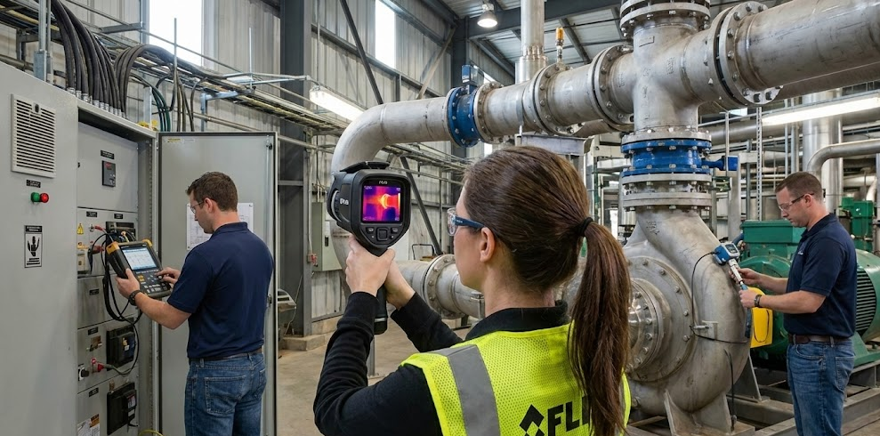 Equipo técnico utilizando equipos de medición avanzados y cámaras termográficas en instalación industrial para auditoría energética completa
